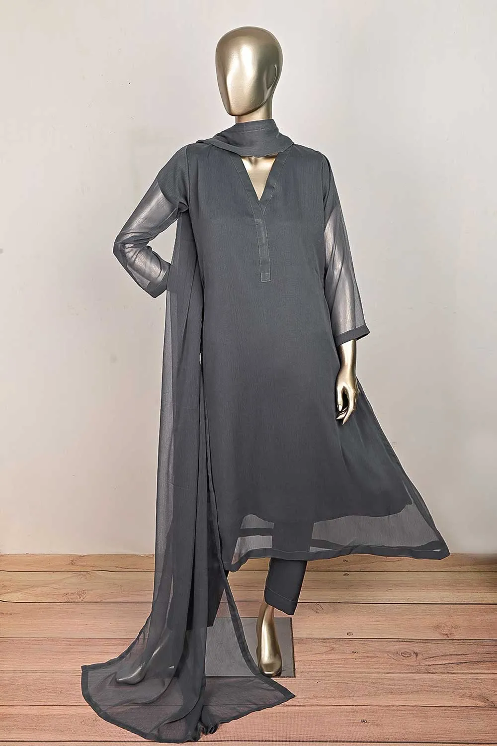 RTW-169-Grey -  3Pc Stitched Chiffon Frock