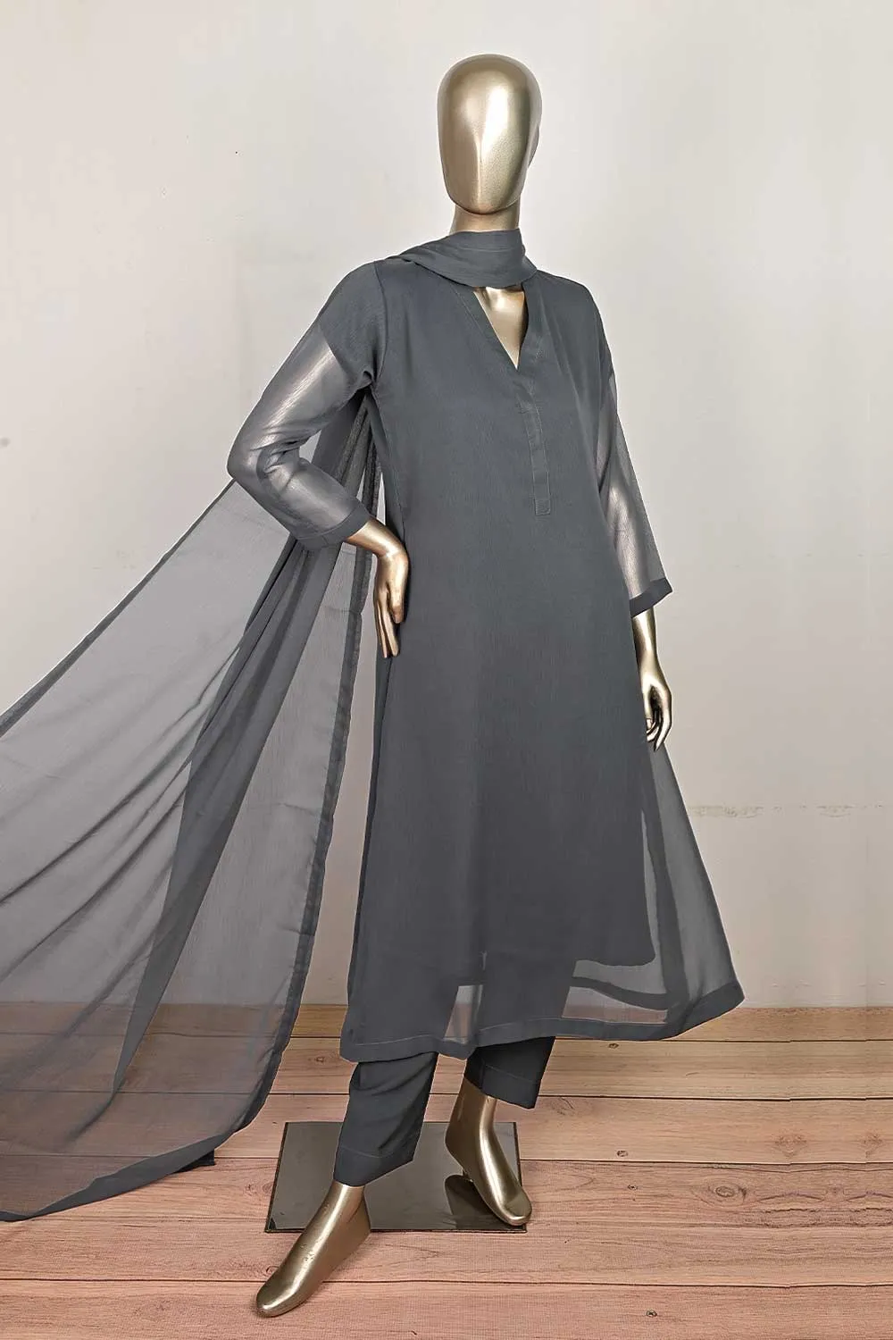 RTW-169-Grey -  3Pc Stitched Chiffon Frock