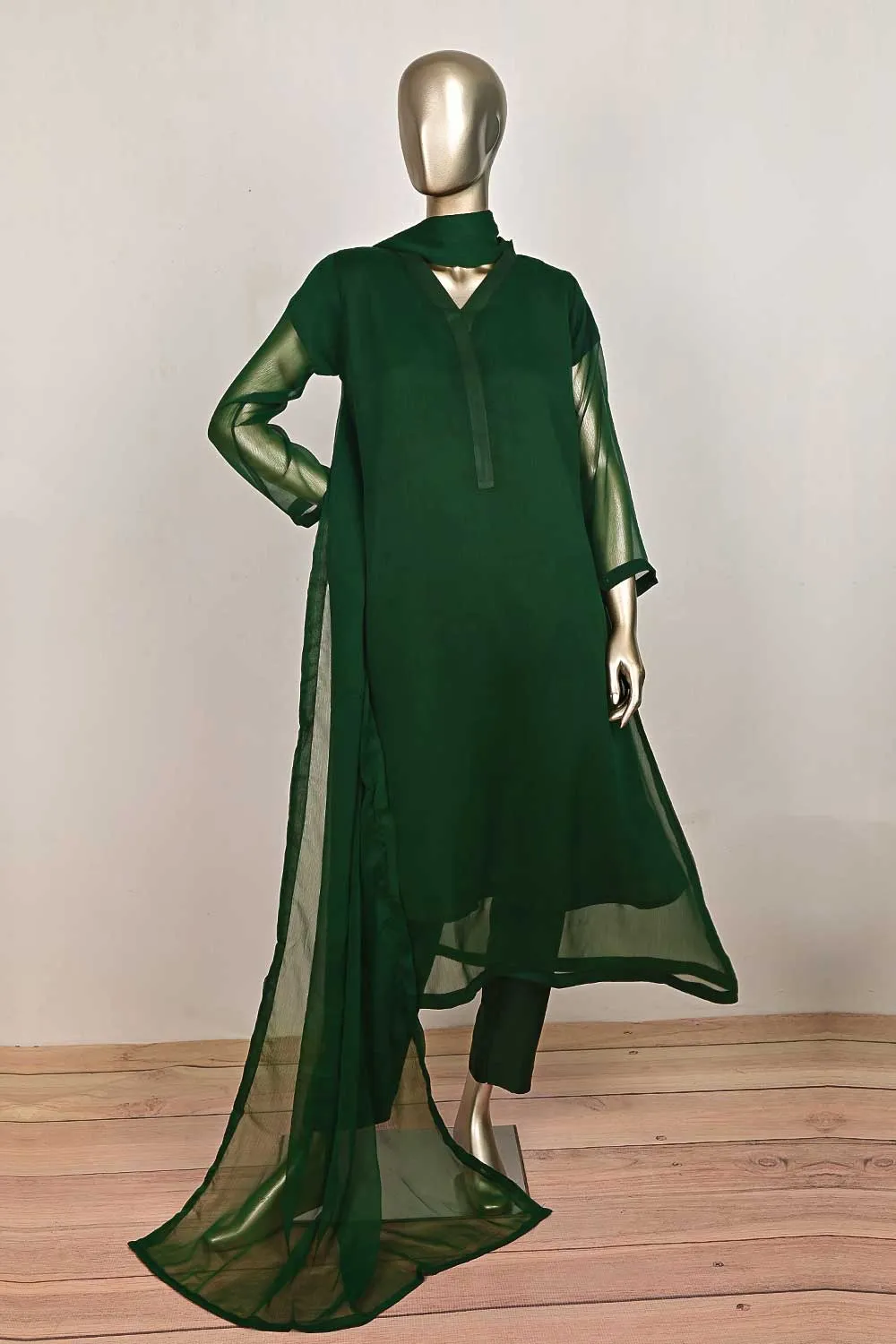 RTW-170-Green -  3Pc Stitched Chiffon Frock