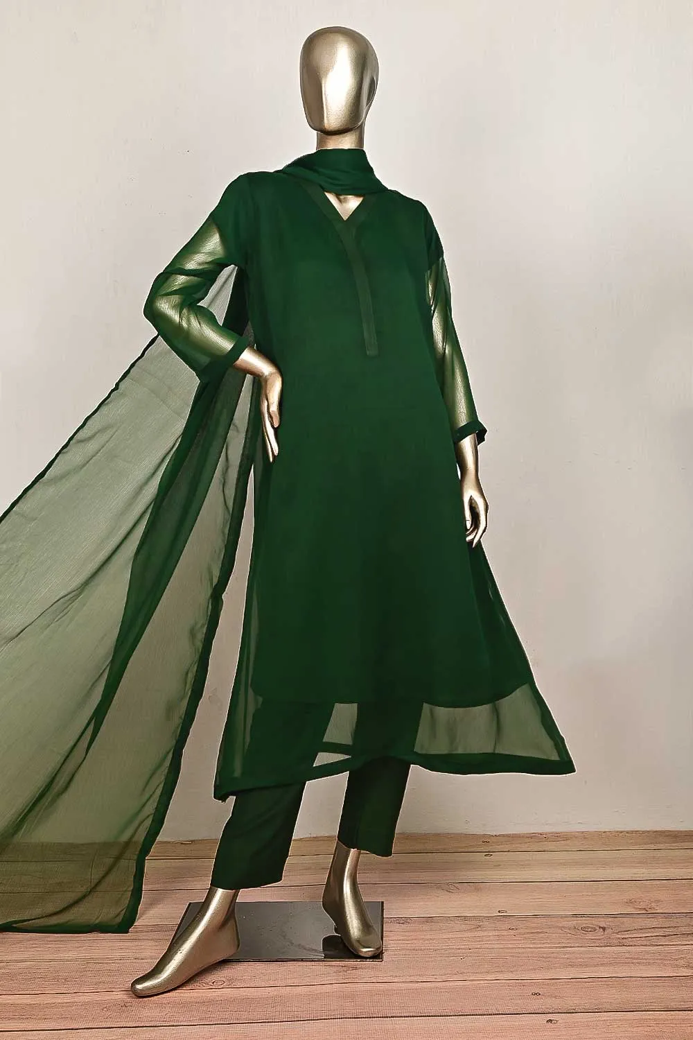 RTW-170-Green -  3Pc Stitched Chiffon Frock