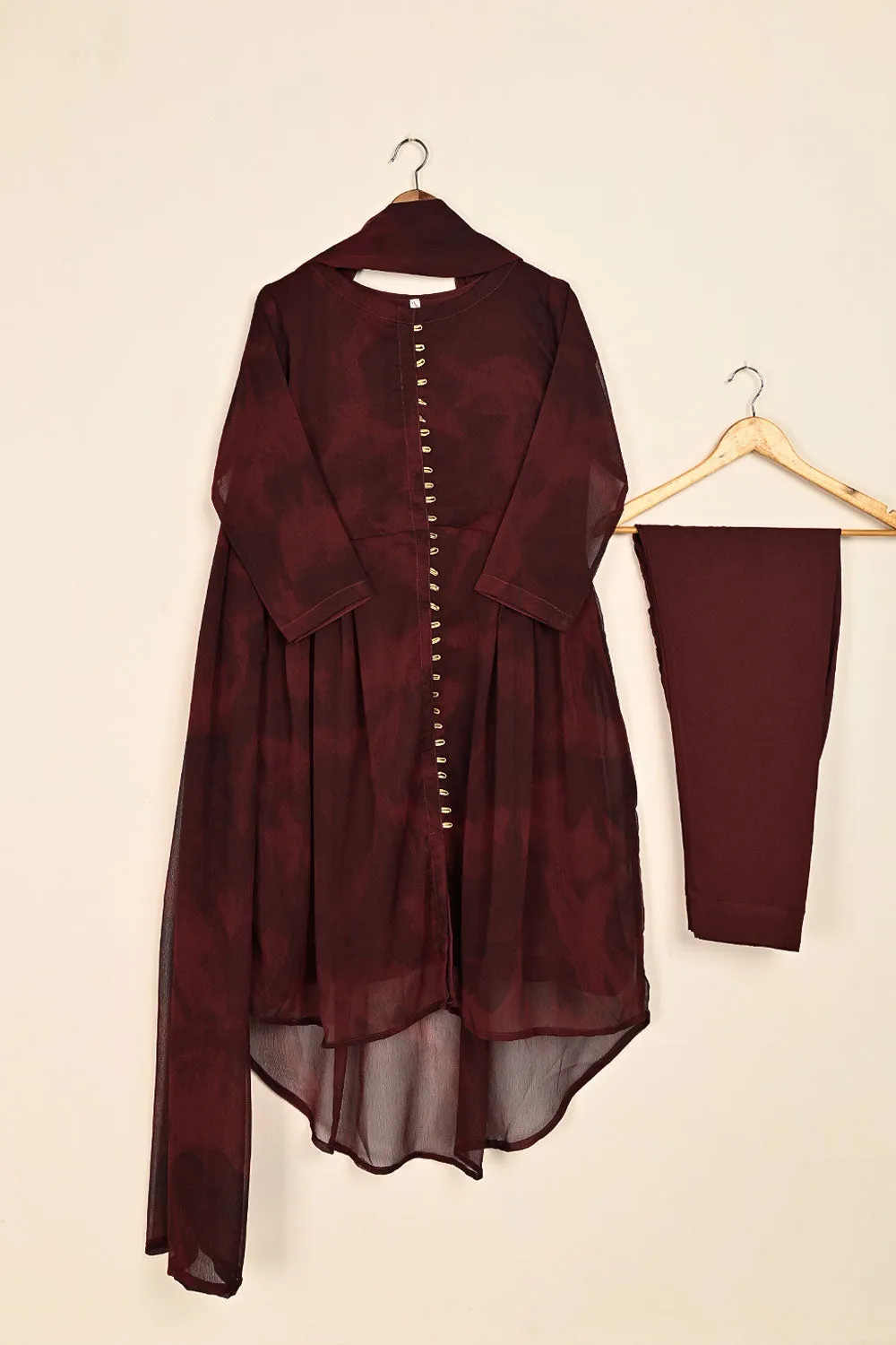 RTW-178-Maroon -  3Pc Ready To Wear Chiffon Frock