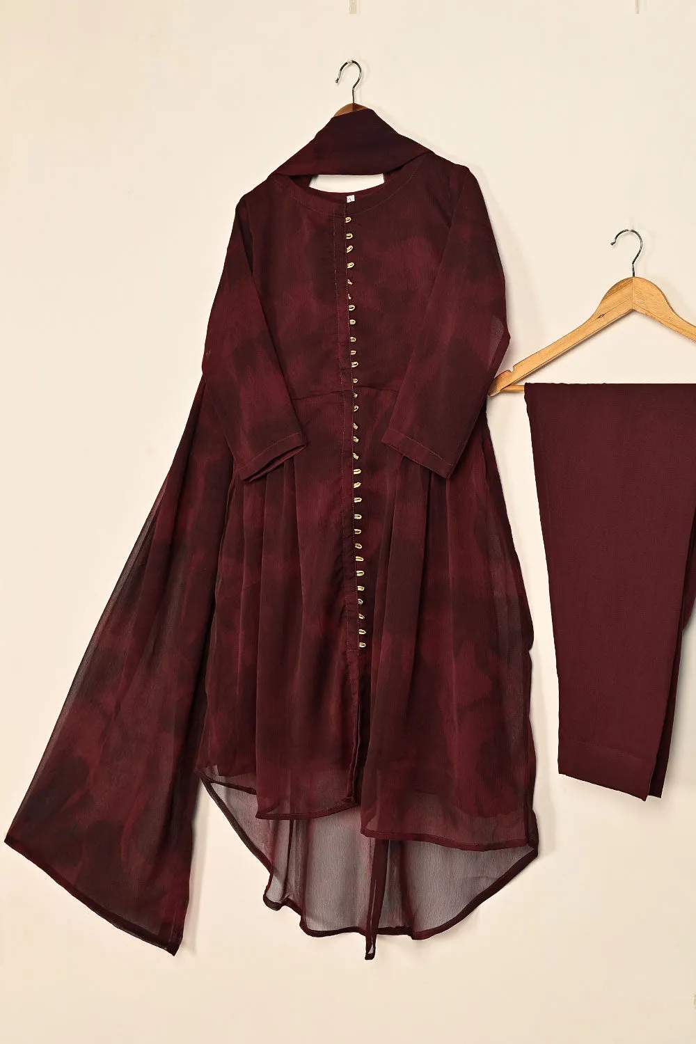 RTW-178-Maroon -  3Pc Ready To Wear Chiffon Frock
