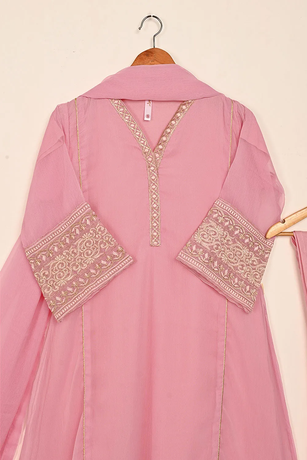 RTW-185-Pink - 3Pc Ready to Wear Embroidered Chiffon Frock