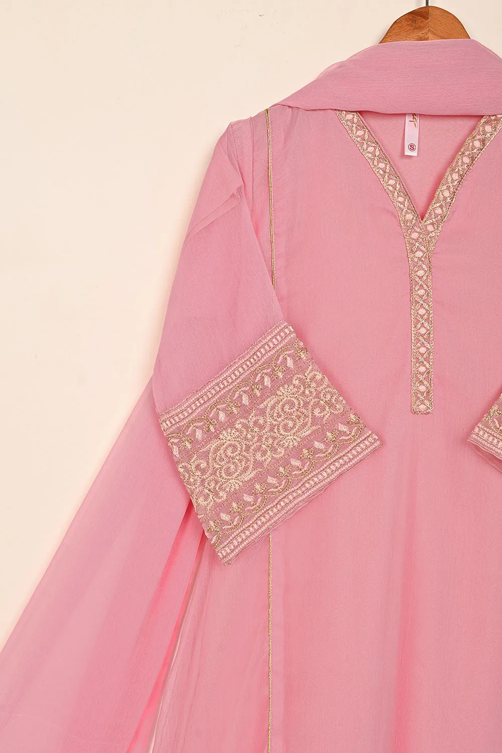 RTW-185-Pink - 3Pc Ready to Wear Embroidered Chiffon Frock