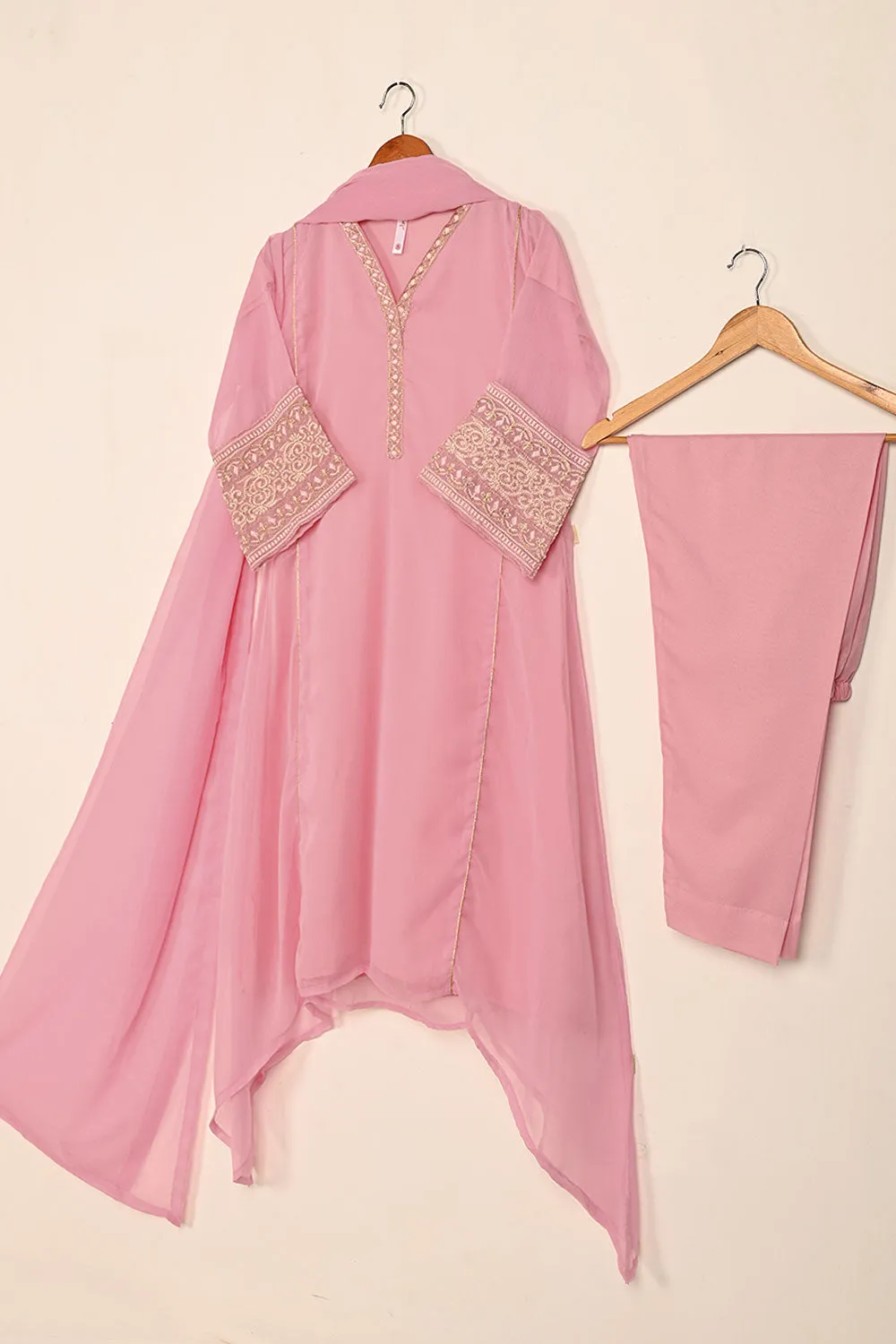 RTW-185-Pink - 3Pc Ready to Wear Embroidered Chiffon Frock