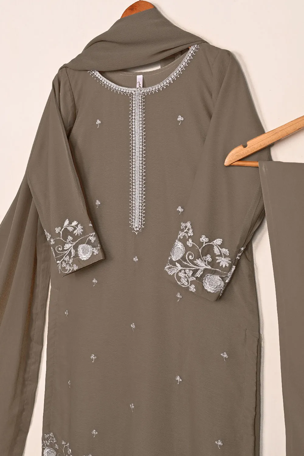 RTW-215-Grey -  3Pc Ready to Wear Embroidered Chiffon Dress