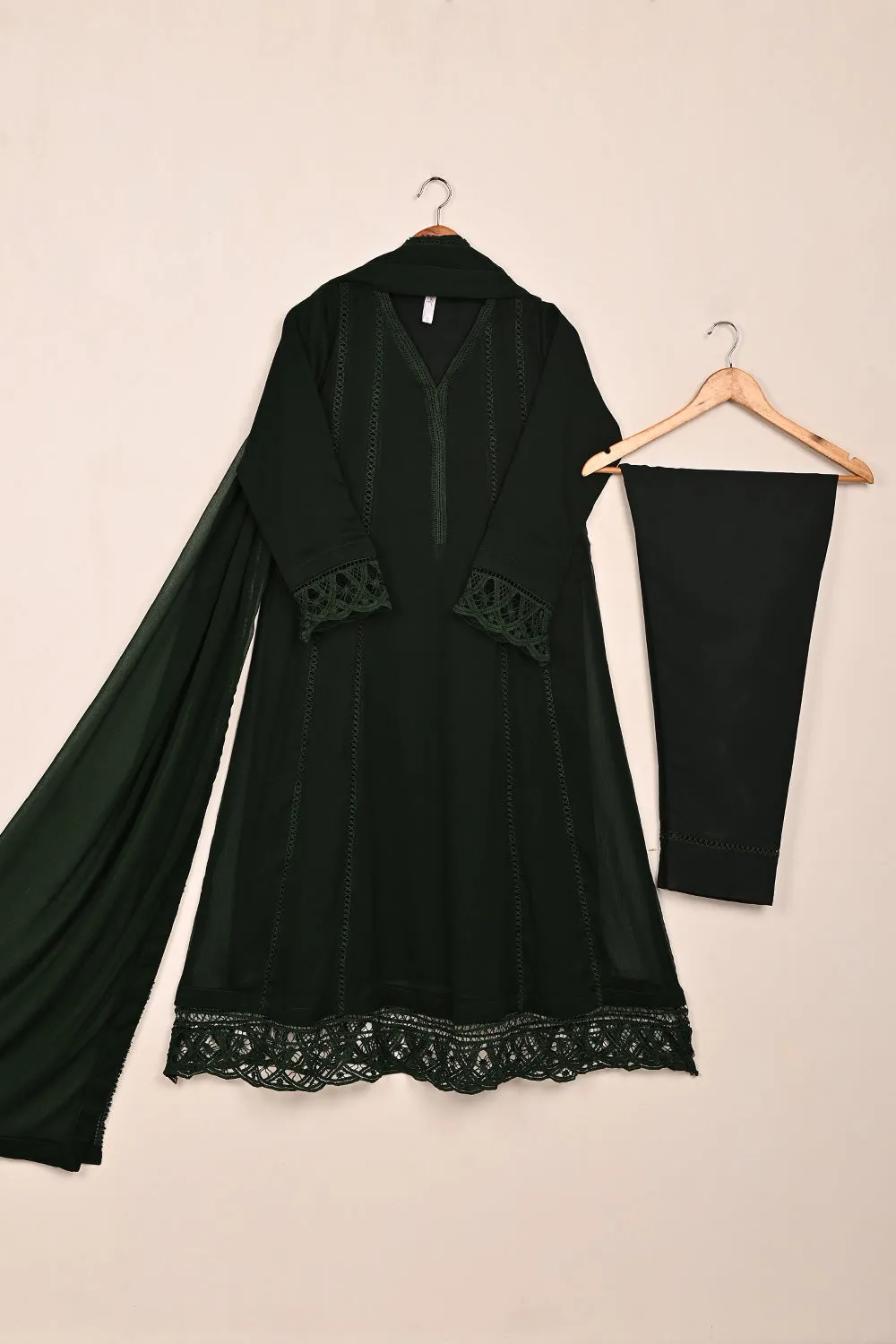 RTW-249- Dark Bottle Green - 3Pc Ready To Wear Chiffon Frock