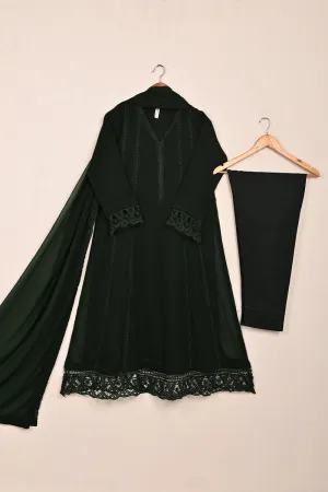RTW-249- Dark Bottle Green - 3Pc Ready To Wear Chiffon Frock