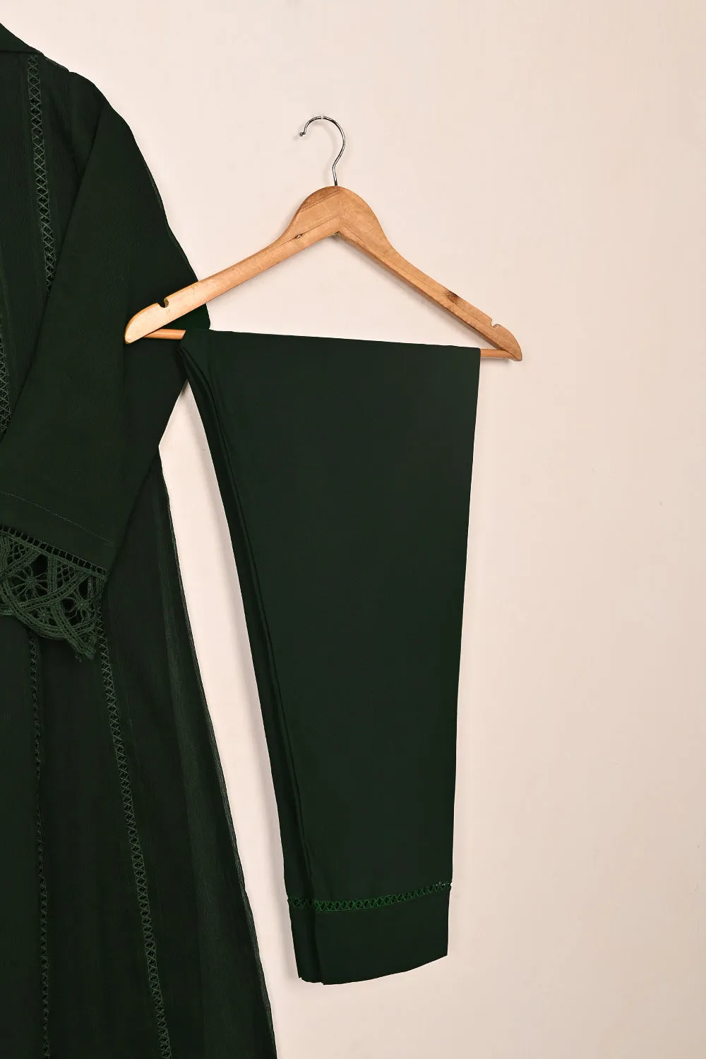 RTW-249- Dark Bottle Green - 3Pc Ready To Wear Chiffon Frock