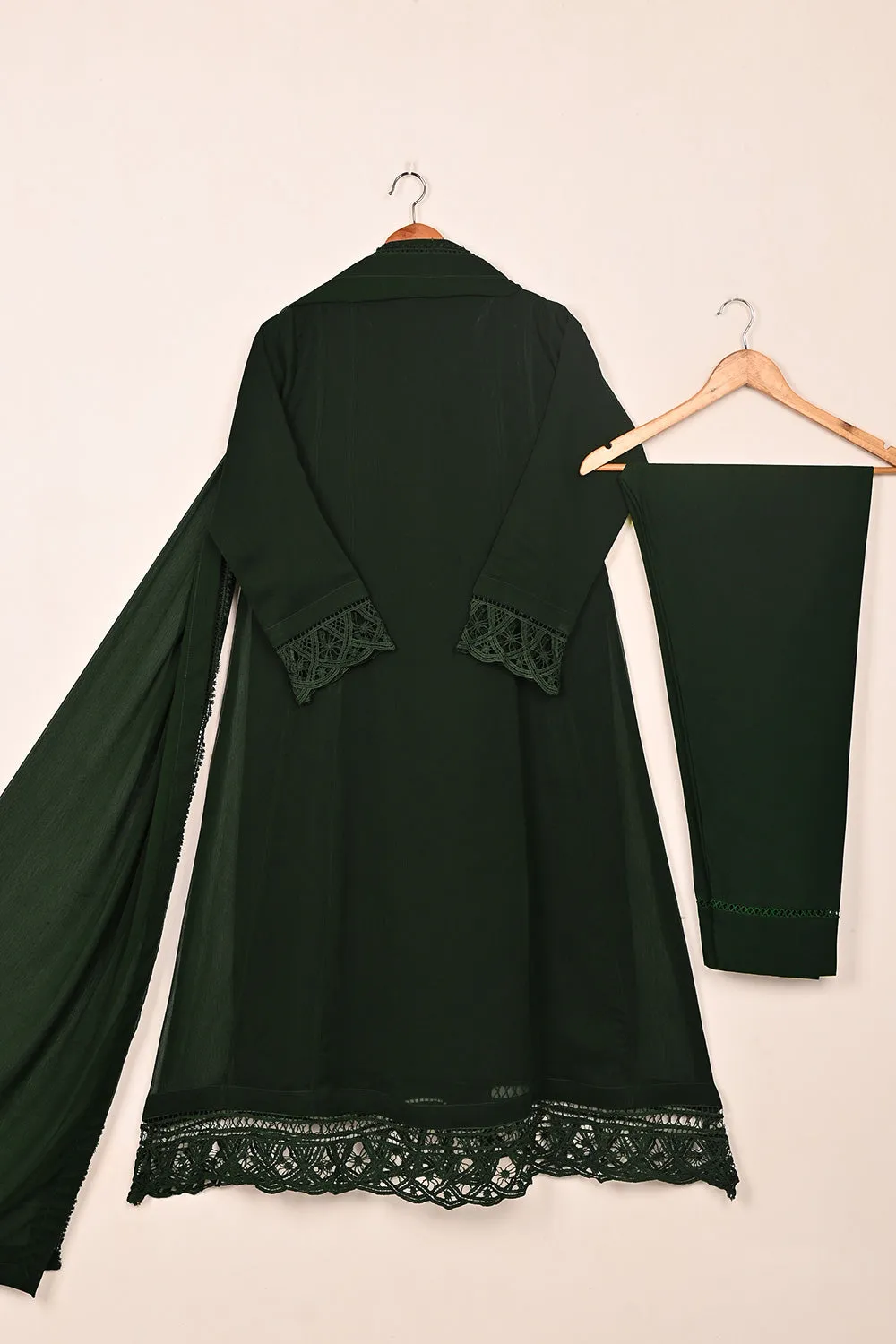 RTW-249- Dark Bottle Green - 3Pc Ready To Wear Chiffon Frock