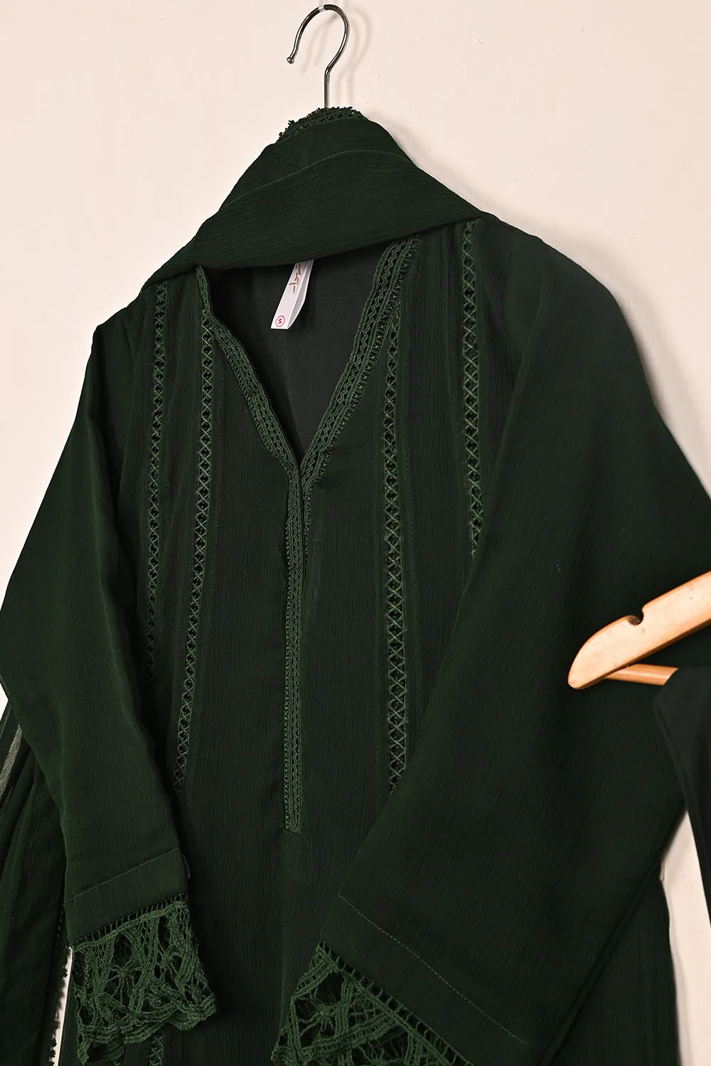 RTW-249- Dark Bottle Green - 3Pc Ready To Wear Chiffon Frock