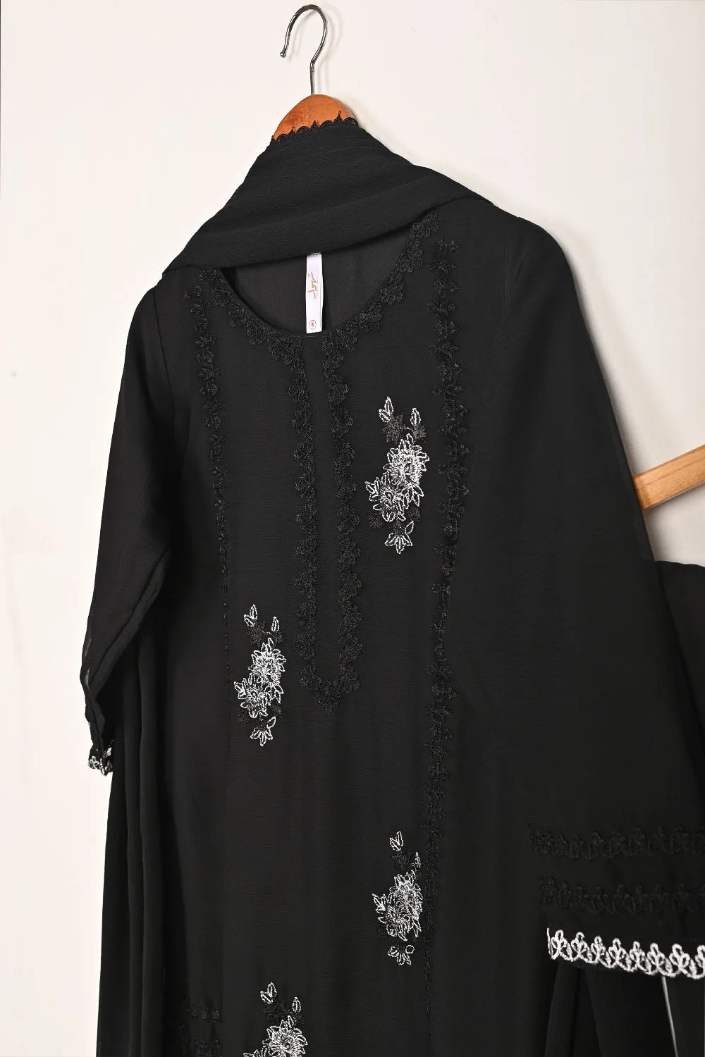 RTW-276-Black -  3Pc Ready to Wear Embroidered Chiffon Dress