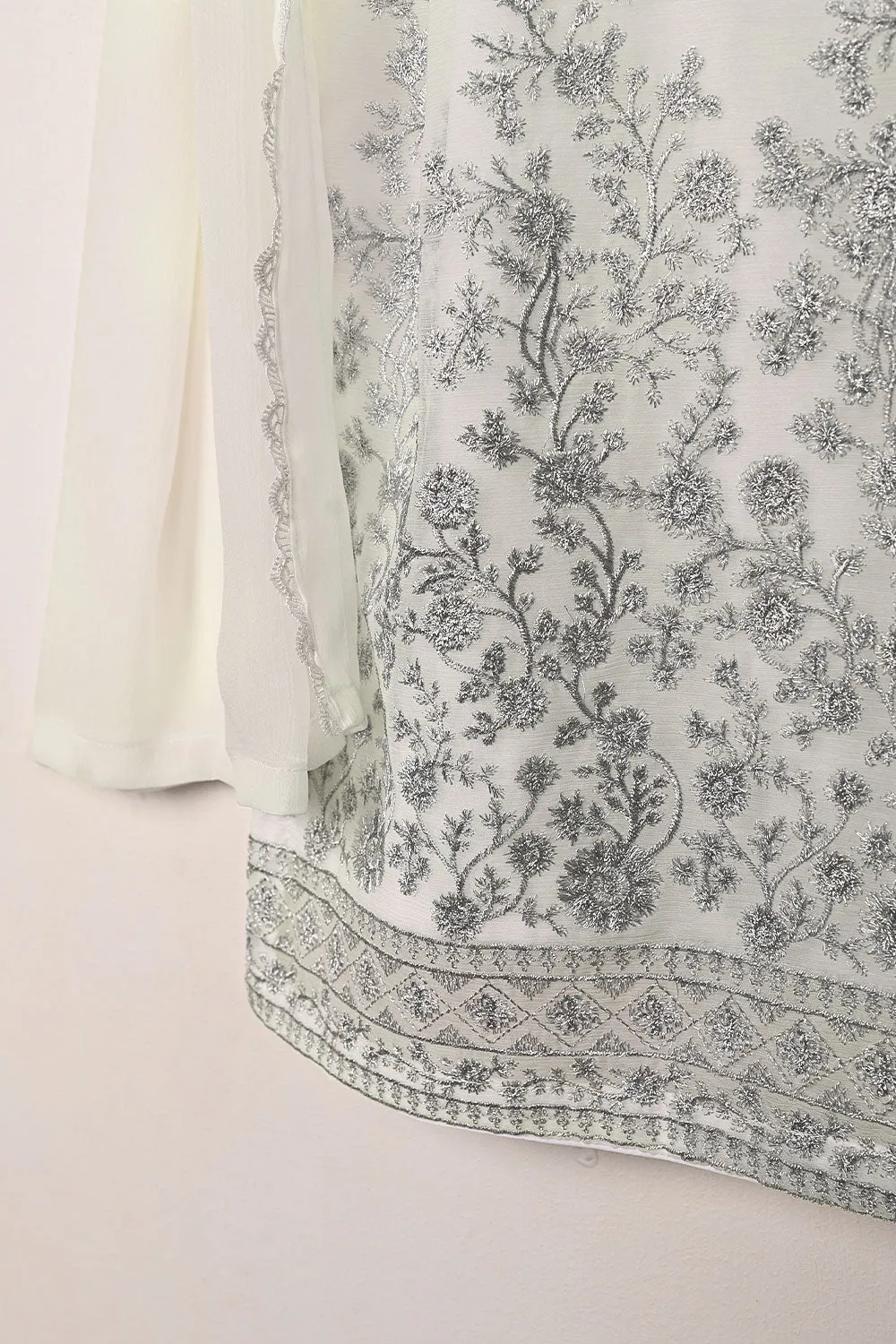 RTW-304-Off White -  3Pc Ready to Wear Embroidered Chiffon Dress