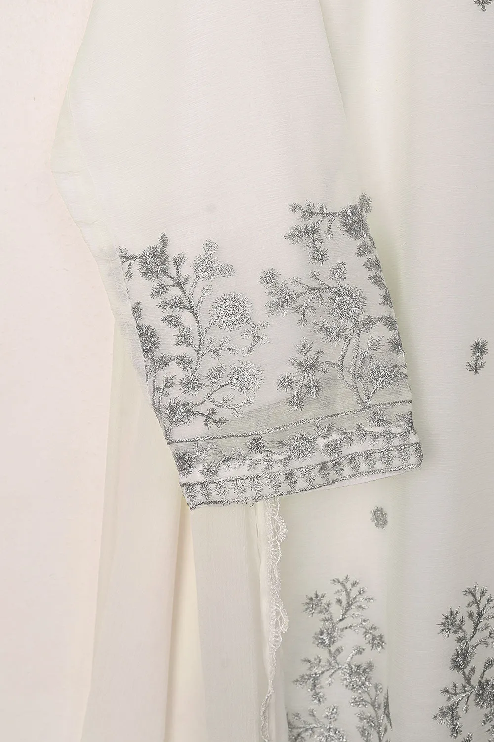 RTW-304-Off White -  3Pc Ready to Wear Embroidered Chiffon Dress