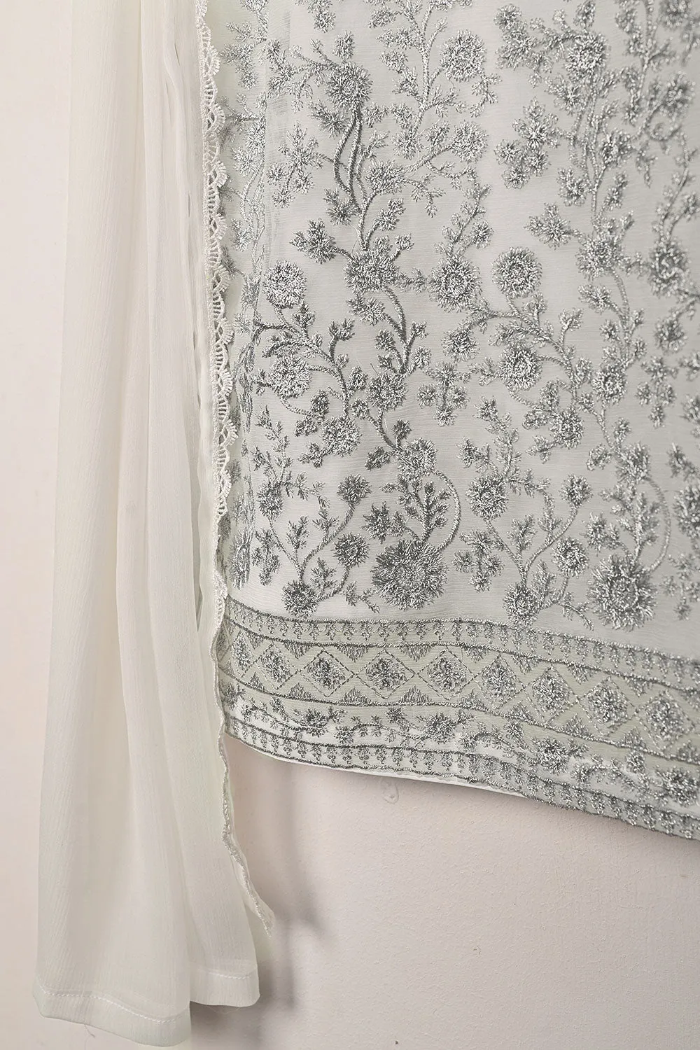 RTW-304-Off White -  3Pc Ready to Wear Embroidered Chiffon Dress