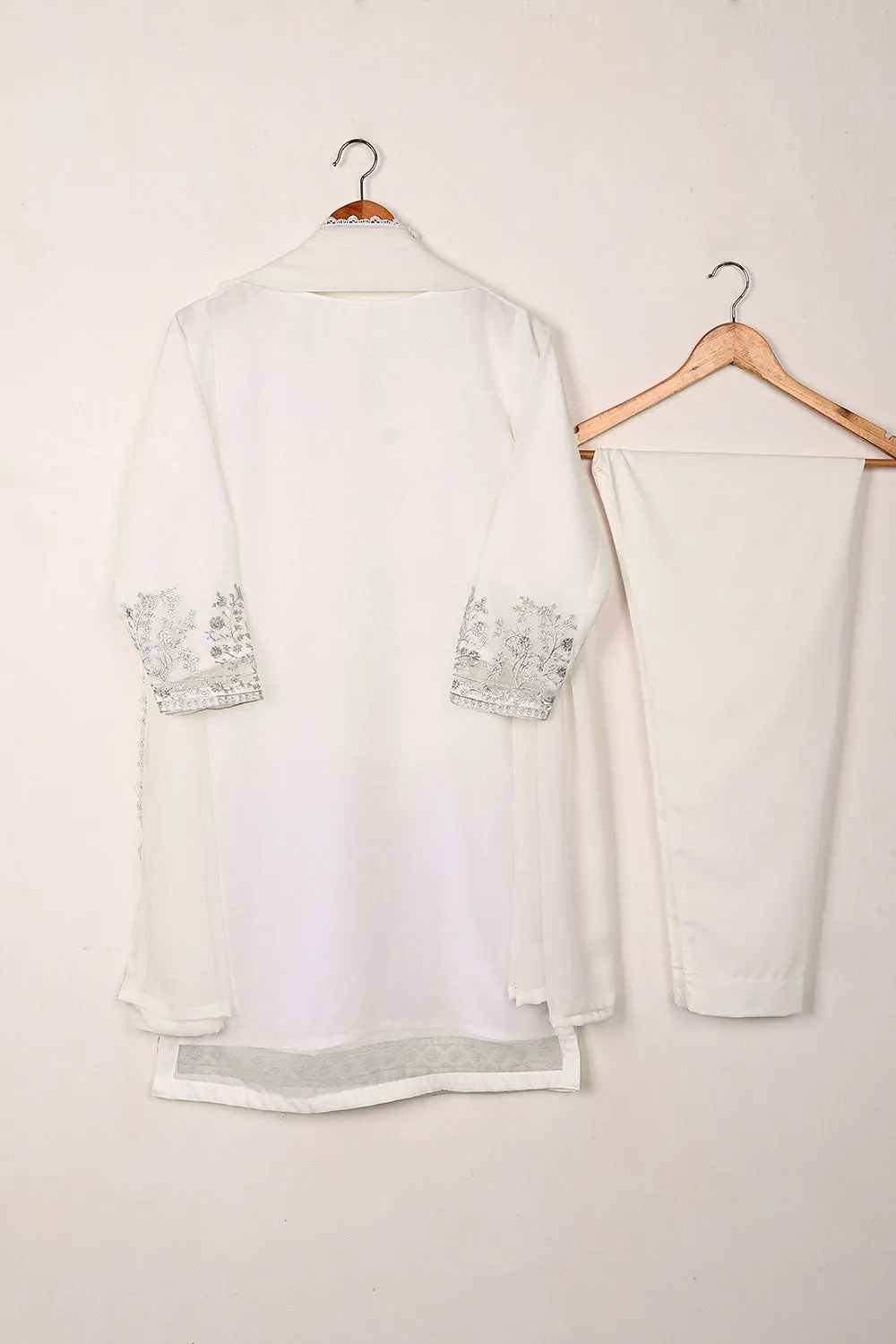 RTW-304-Off White -  3Pc Ready to Wear Embroidered Chiffon Dress