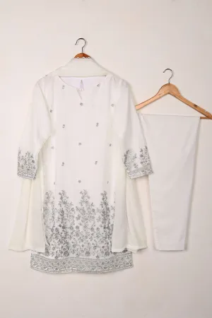 RTW-304-Off White -  3Pc Ready to Wear Embroidered Chiffon Dress