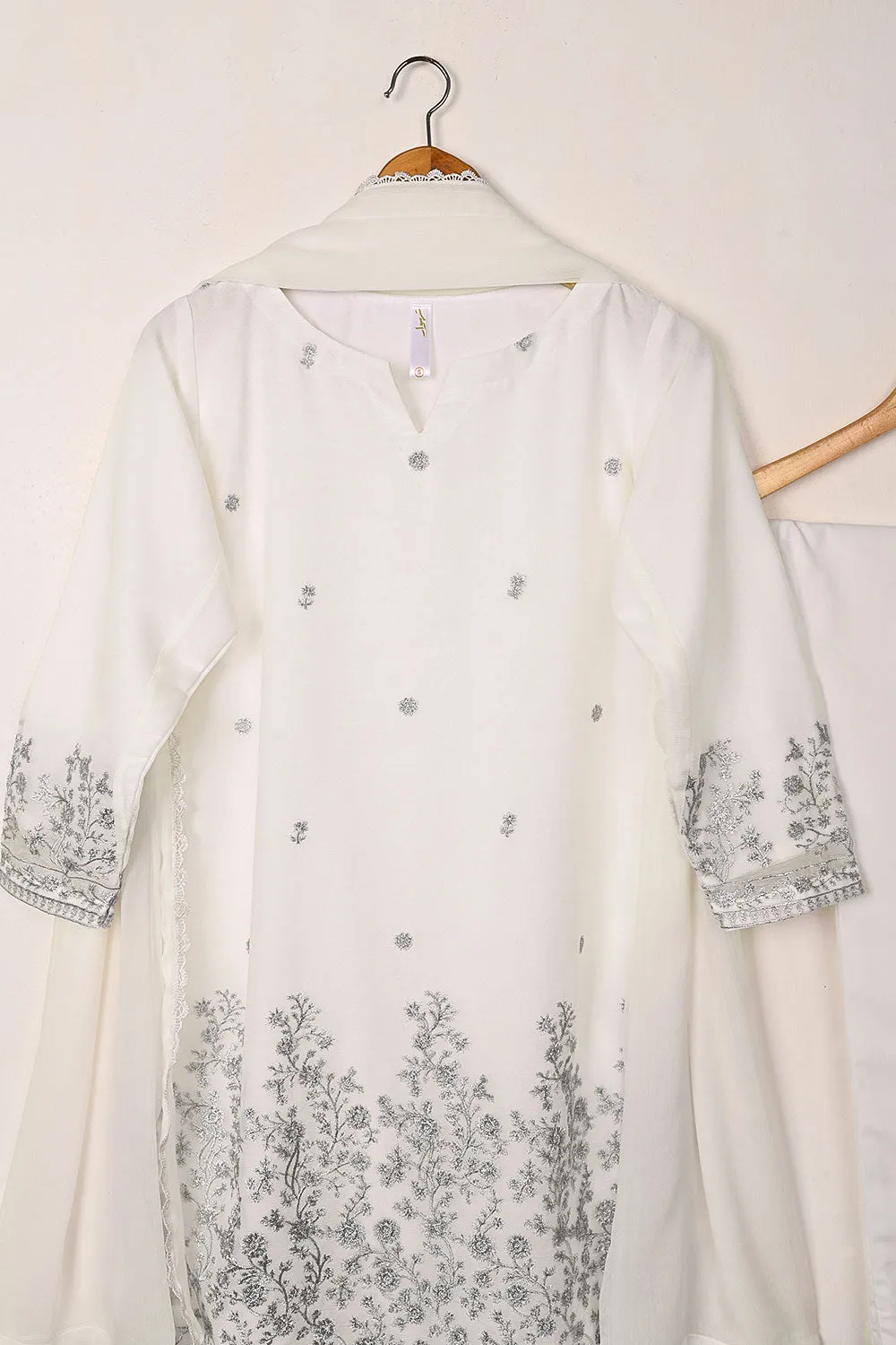 RTW-304-Off White -  3Pc Ready to Wear Embroidered Chiffon Dress