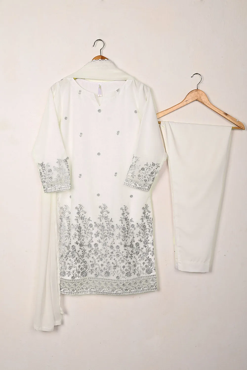 RTW-304-Off White -  3Pc Ready to Wear Embroidered Chiffon Dress