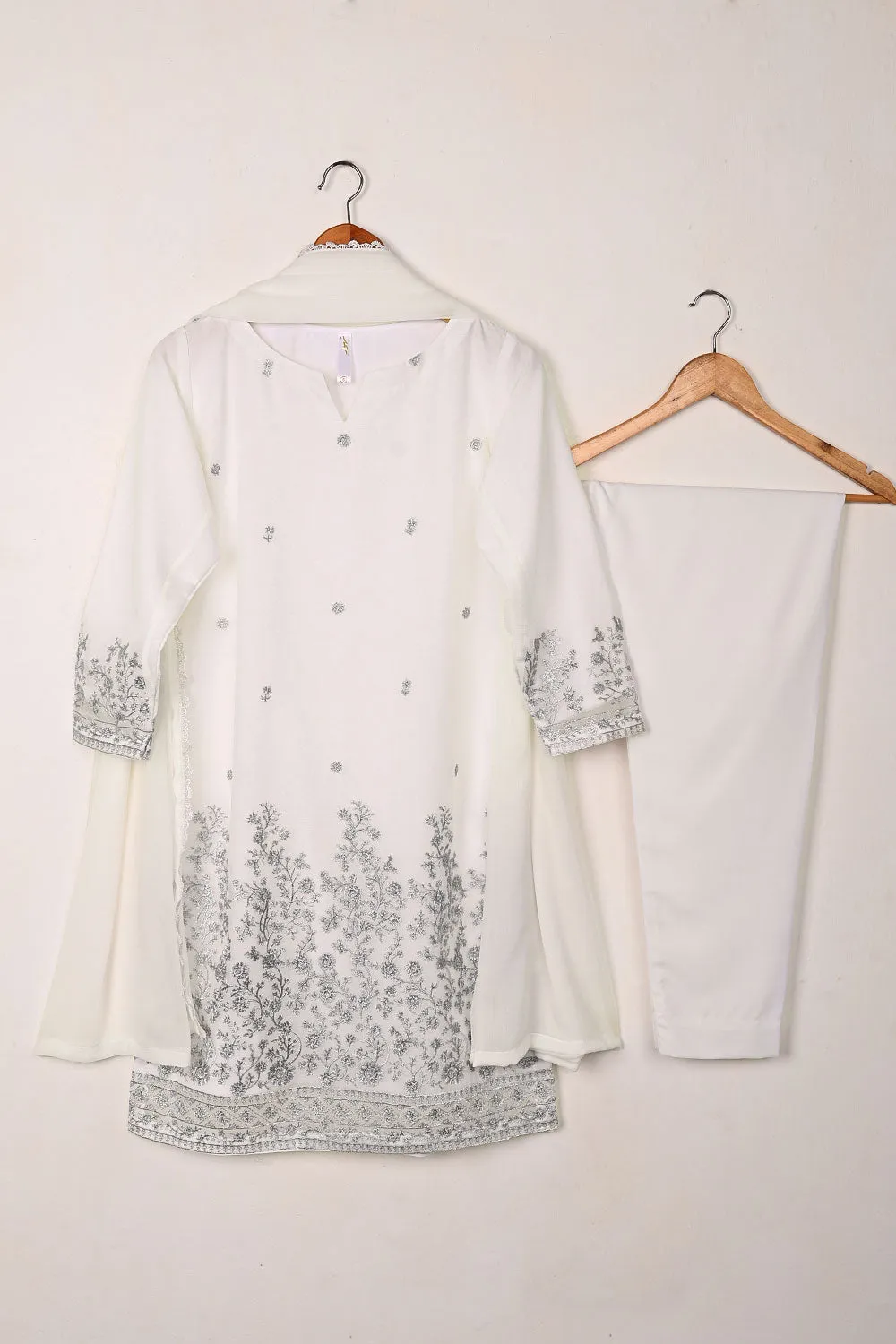 RTW-304-Off White -  3Pc Ready to Wear Embroidered Chiffon Dress
