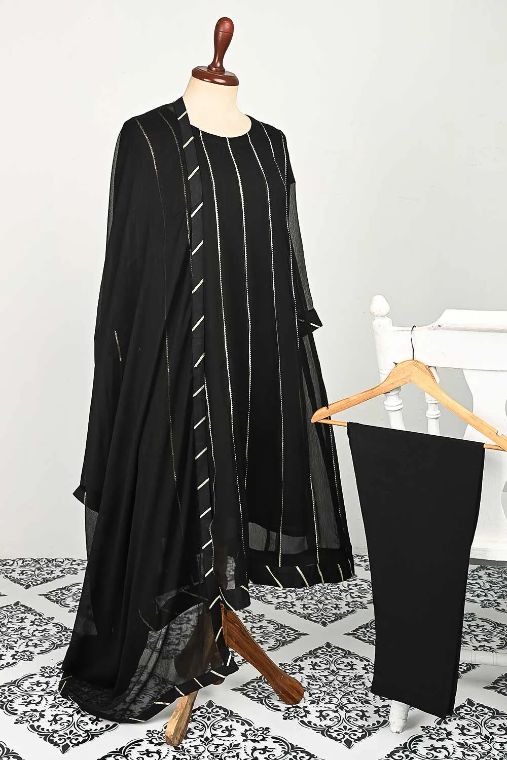 RTW-73-Black -  3Pc Stitched Chiffon Frock