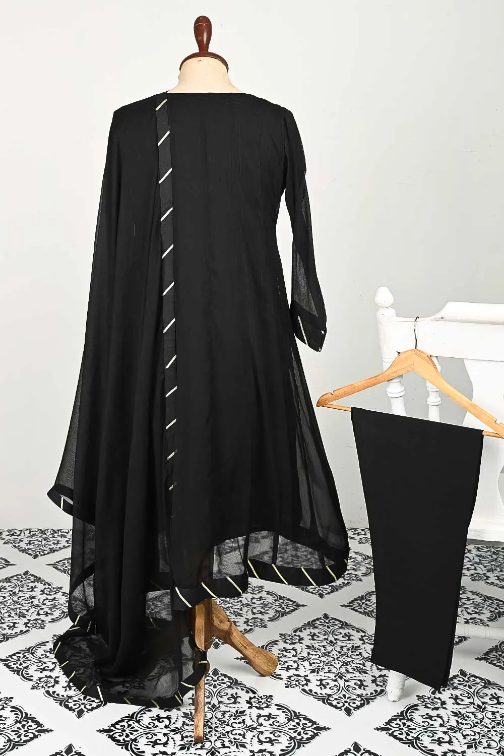 RTW-73-Black -  3Pc Stitched Chiffon Frock