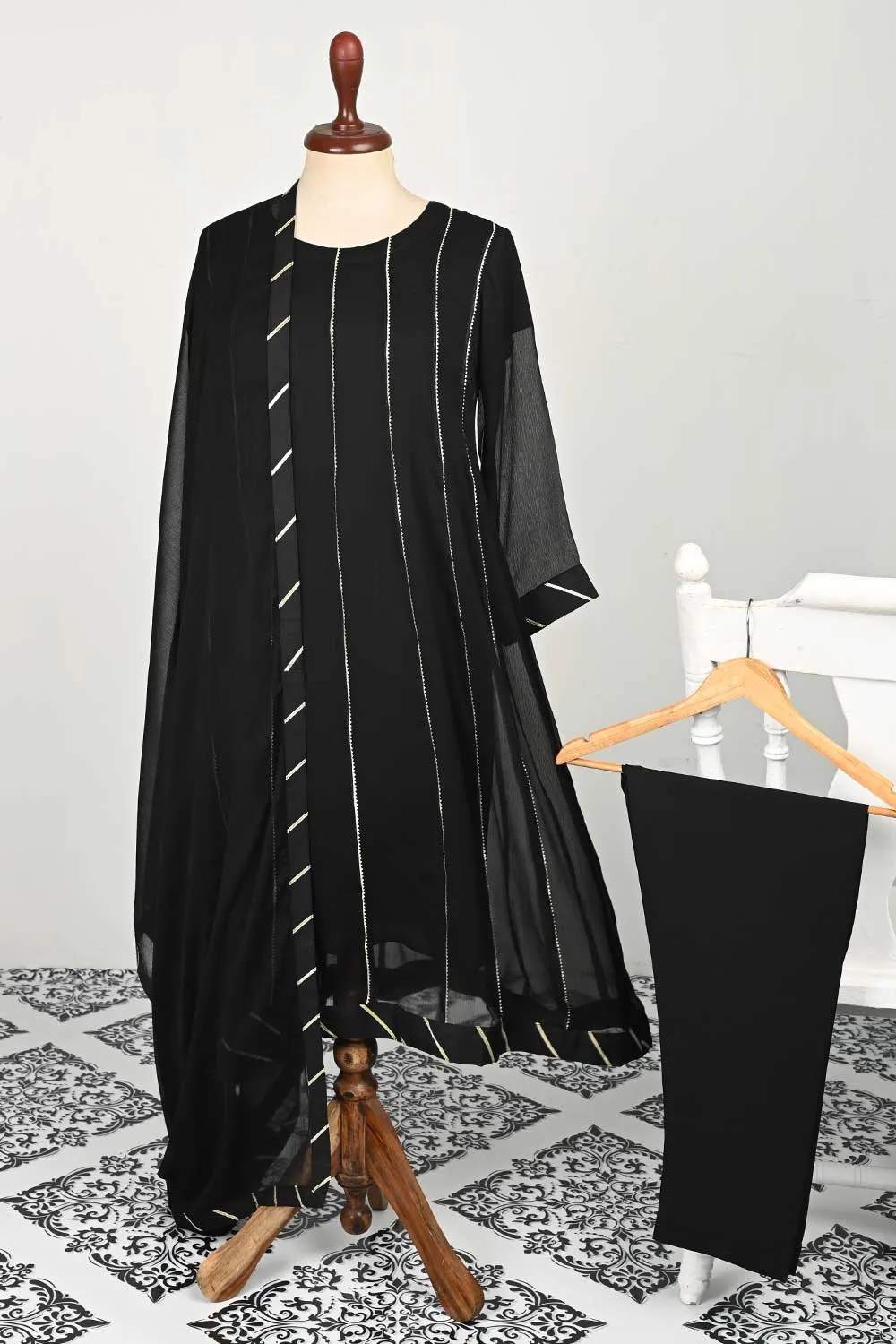 RTW-73-Black -  3Pc Stitched Chiffon Frock