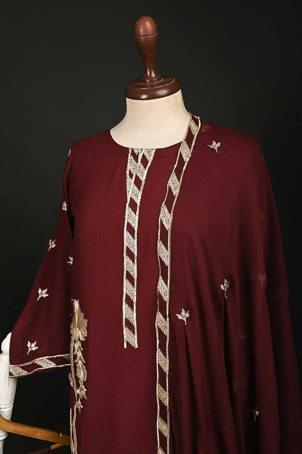 RTW-76-Maroon -  3Pc Stitched Chiffon Shirt