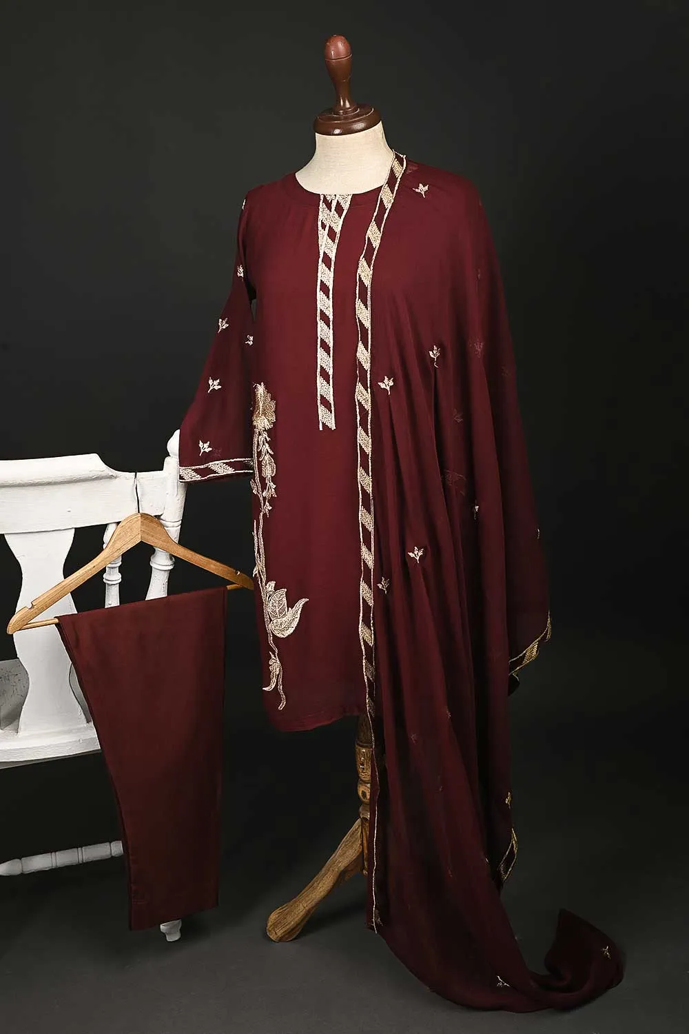 RTW-76-Maroon -  3Pc Stitched Chiffon Shirt