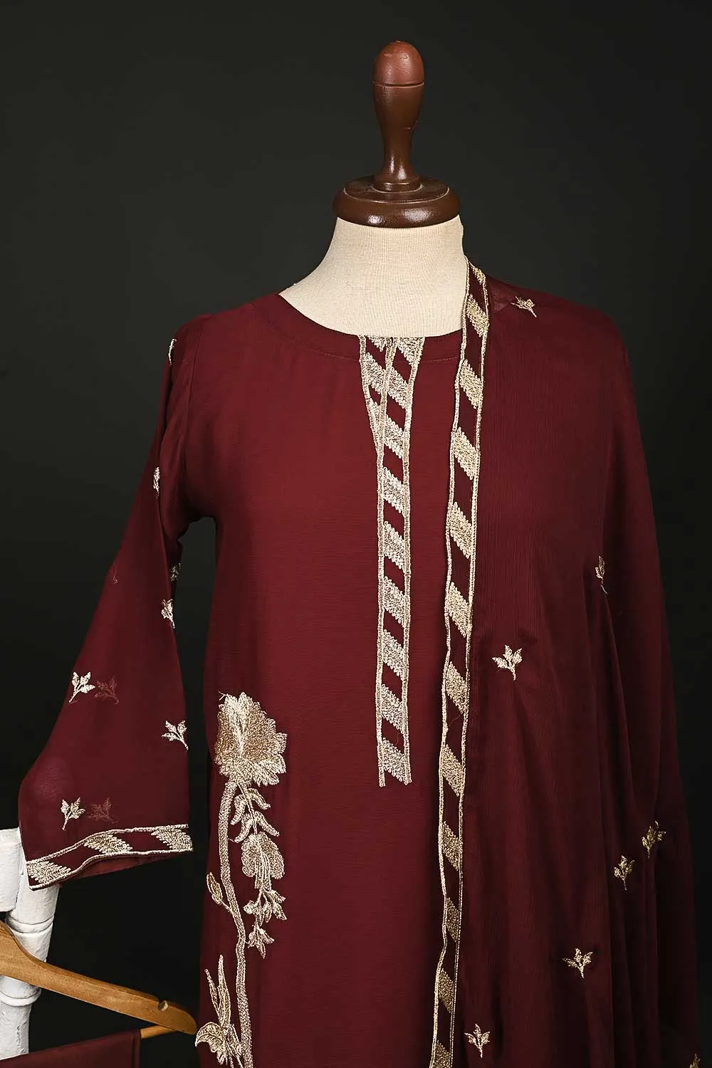RTW-76-Maroon -  3Pc Stitched Chiffon Shirt