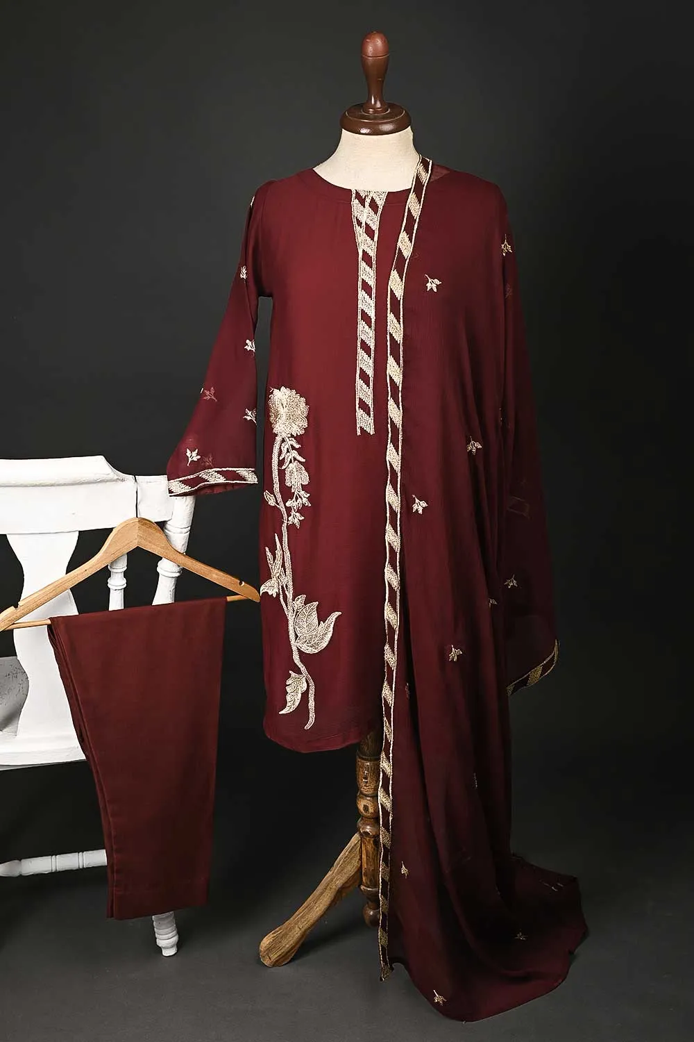RTW-76-Maroon -  3Pc Stitched Chiffon Shirt
