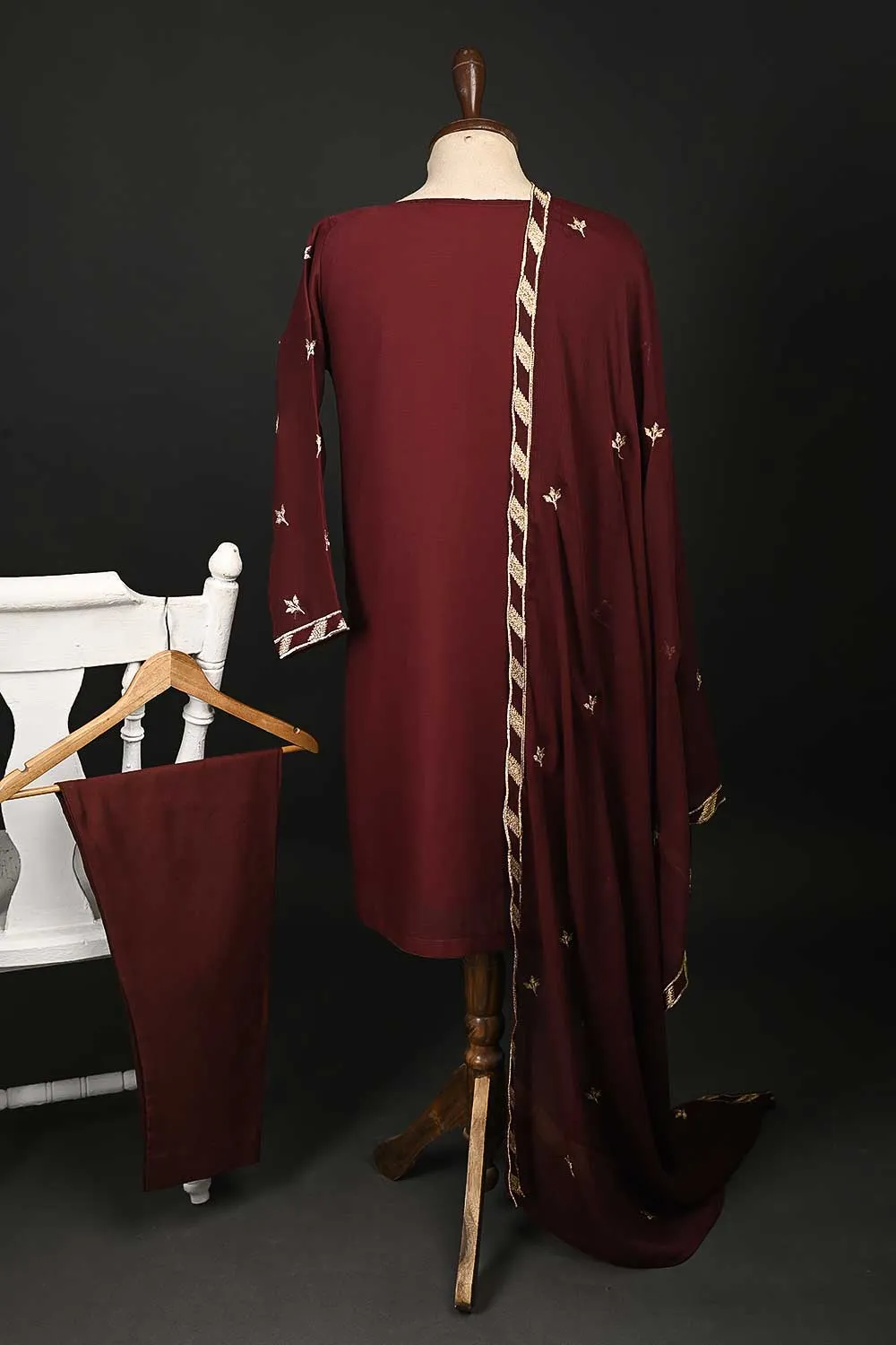 RTW-76-Maroon -  3Pc Stitched Chiffon Shirt