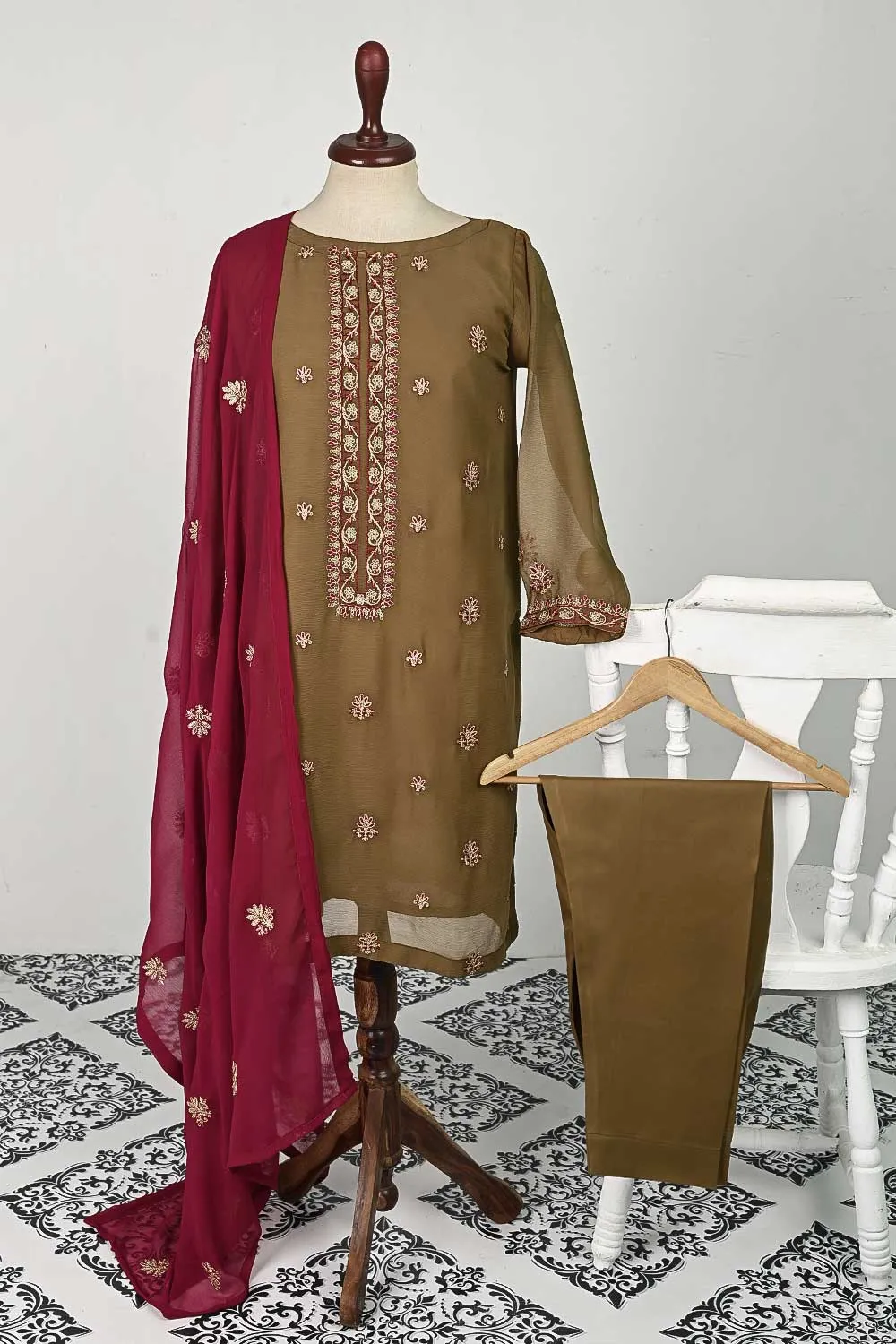 RTW-81-Brown -  3Pc Stitched Embroidered Chiffon Shirt