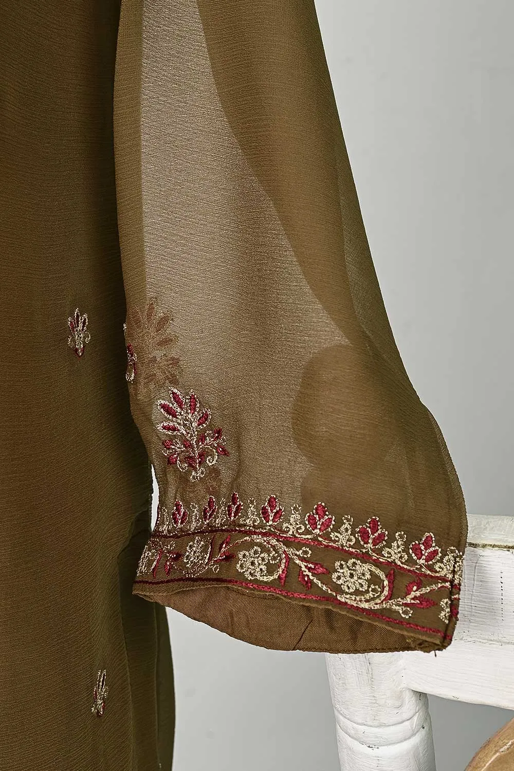 RTW-81-Brown -  3Pc Stitched Embroidered Chiffon Shirt