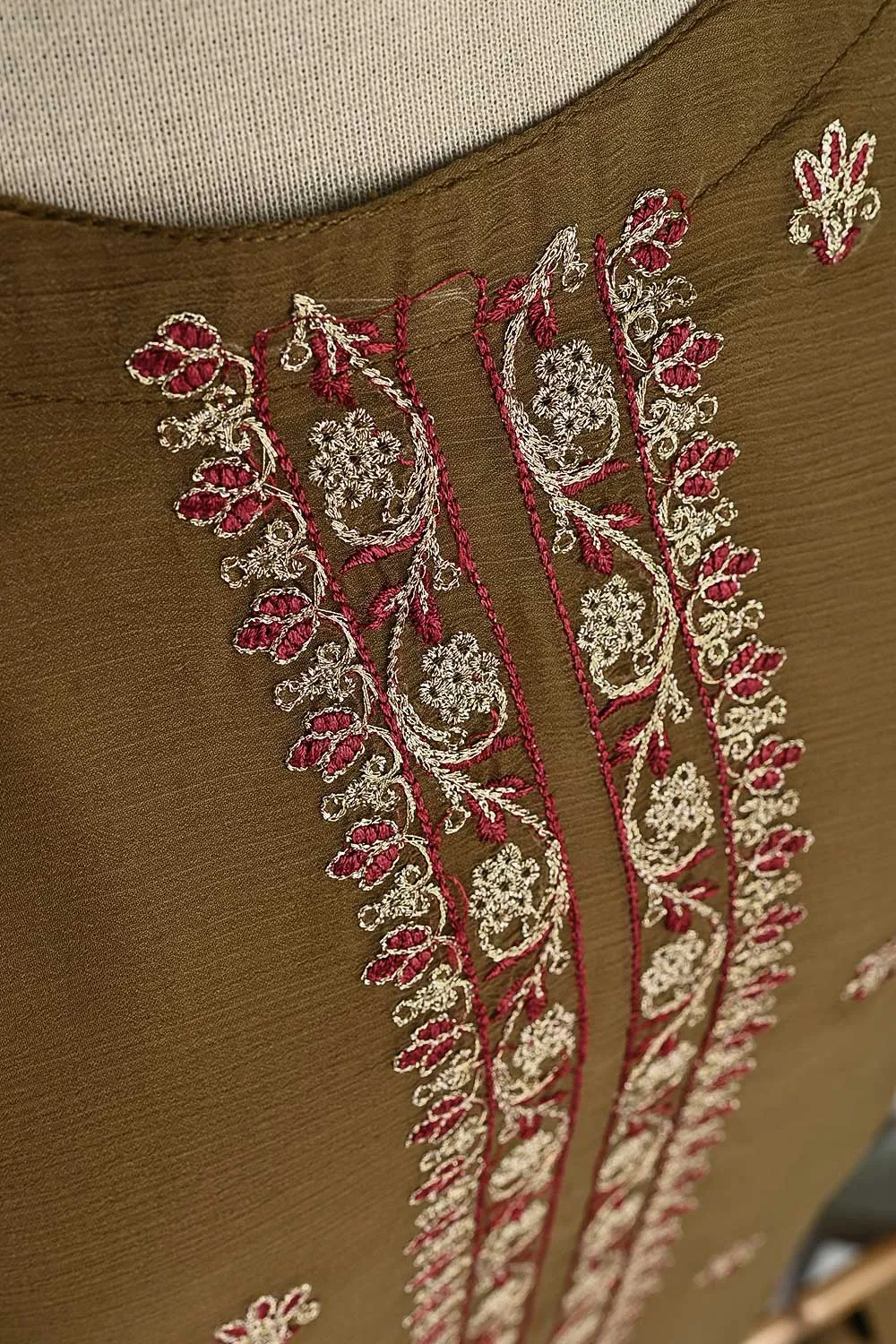 RTW-81-Brown -  3Pc Stitched Embroidered Chiffon Shirt