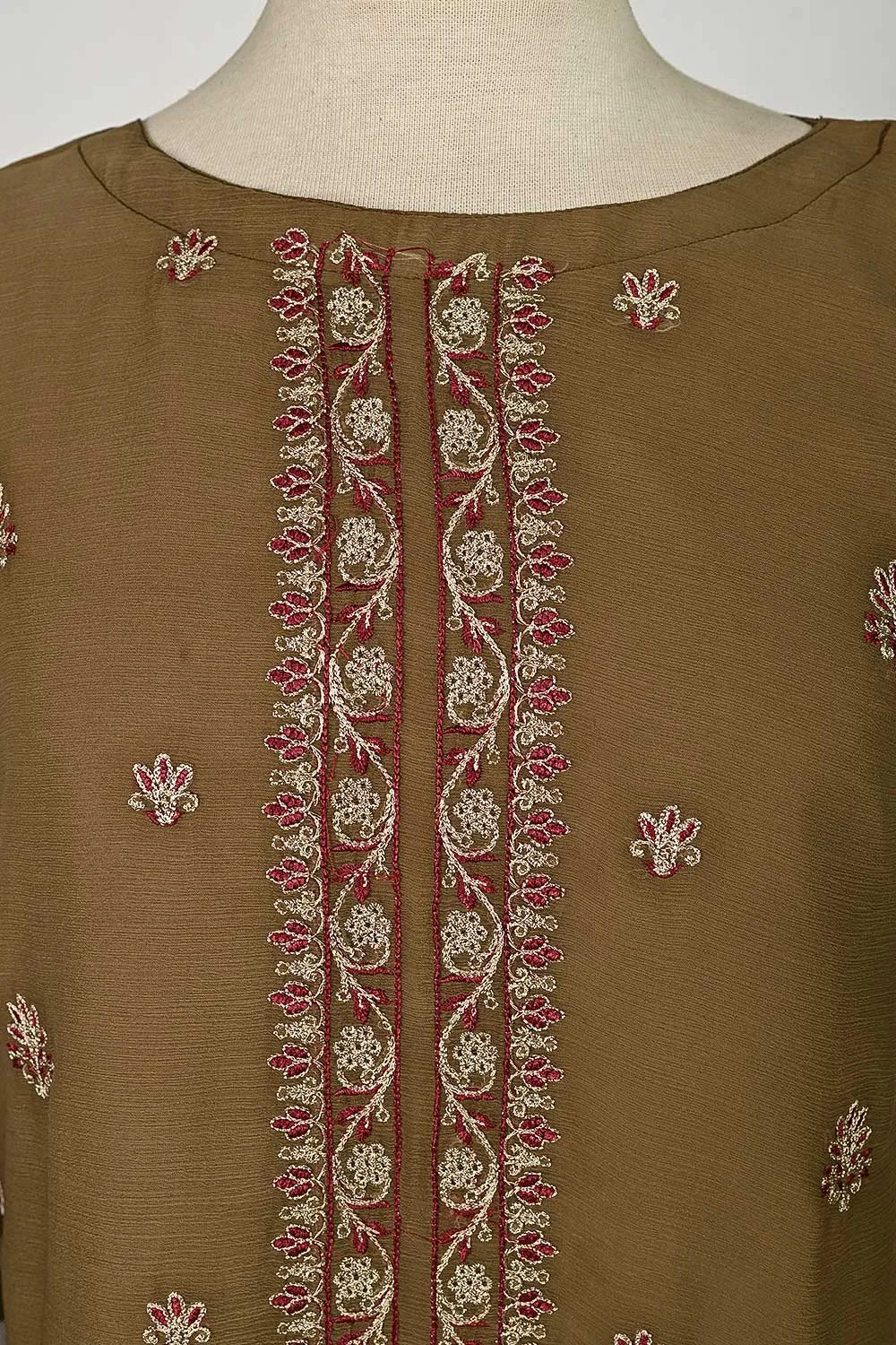 RTW-81-Brown -  3Pc Stitched Embroidered Chiffon Shirt