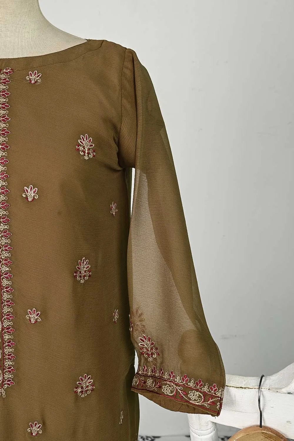 RTW-81-Brown -  3Pc Stitched Embroidered Chiffon Shirt