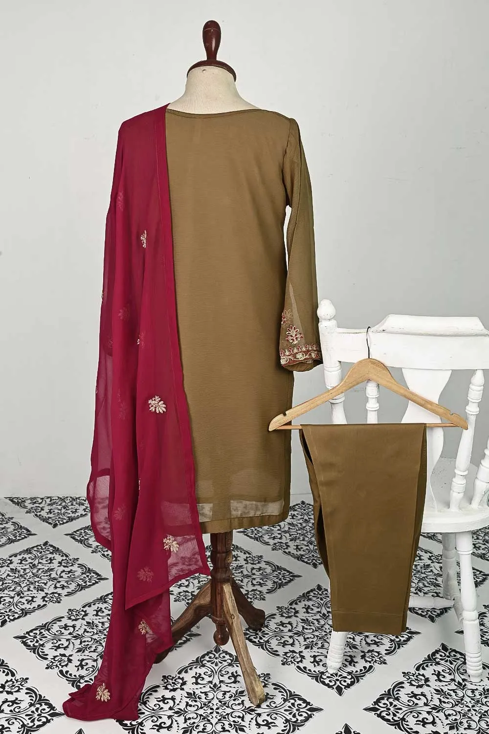 RTW-81-Brown -  3Pc Stitched Embroidered Chiffon Shirt
