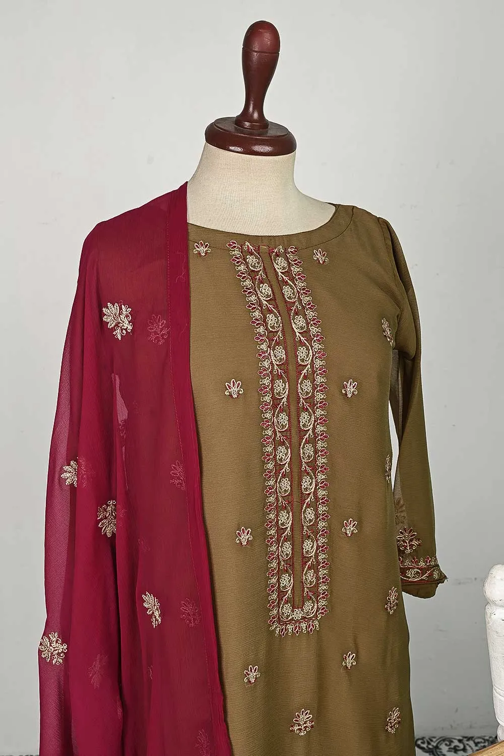 RTW-81-Brown -  3Pc Stitched Embroidered Chiffon Shirt