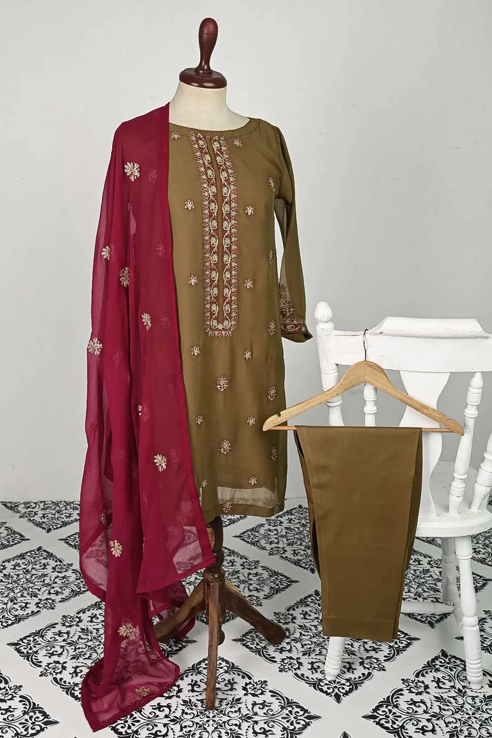 RTW-81-Brown -  3Pc Stitched Embroidered Chiffon Shirt