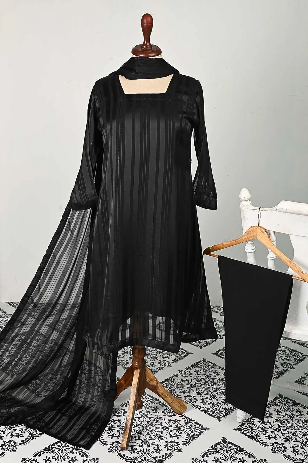 RTW-93-Black -  3Pc Stitched Chiffon Dress