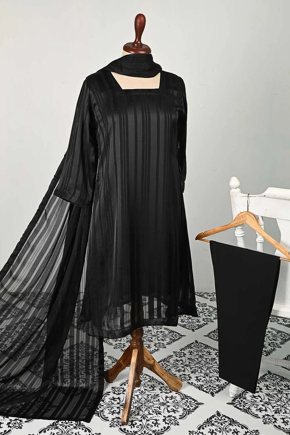 RTW-93-Black -  3Pc Stitched Chiffon Dress