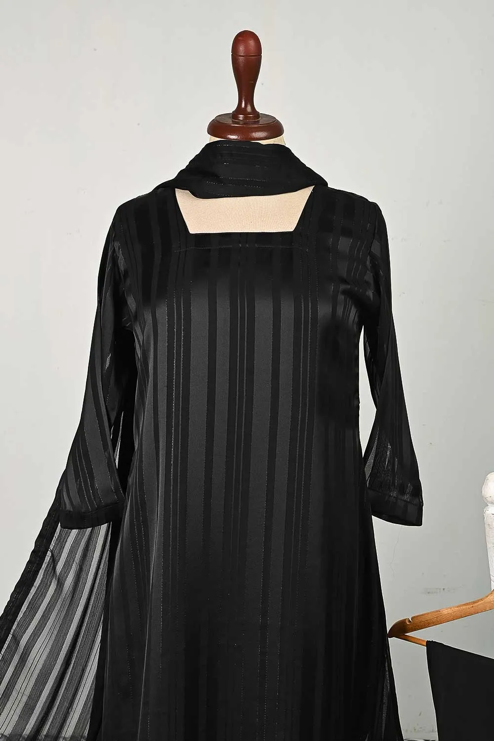 RTW-93-Black -  3Pc Stitched Chiffon Dress