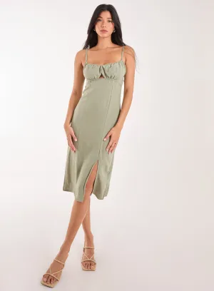 Ruched Linen Style Midi Dress