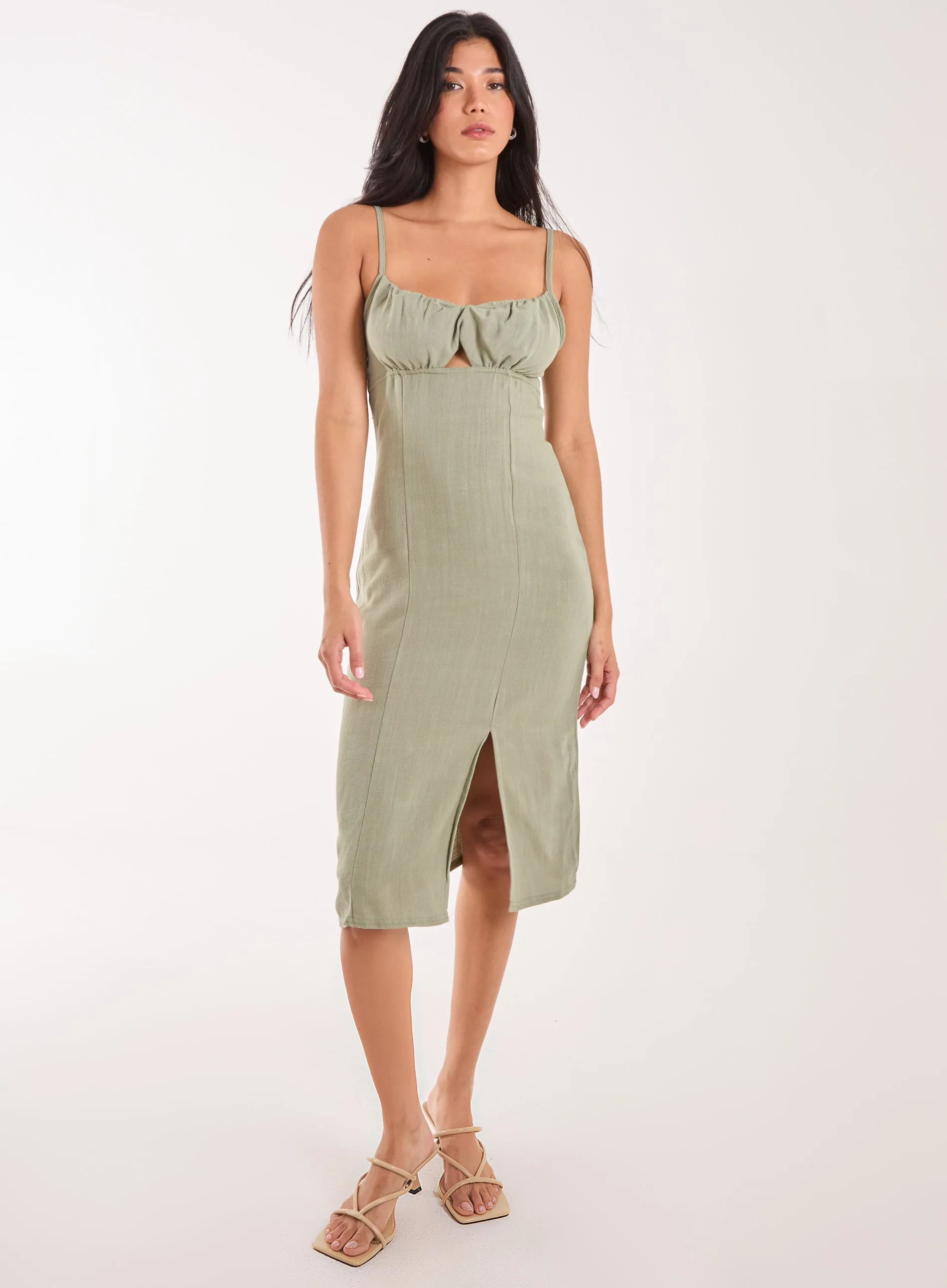 Ruched Linen Style Midi Dress