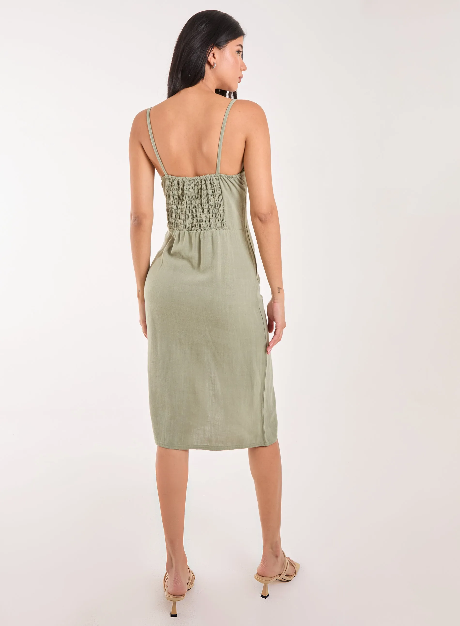 Ruched Linen Style Midi Dress