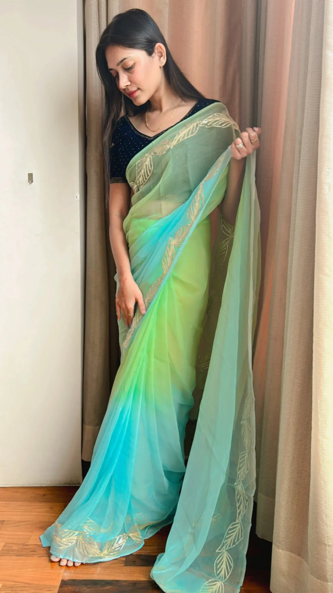 Sea Green Gota Patti Pure Chiffon Design Saree