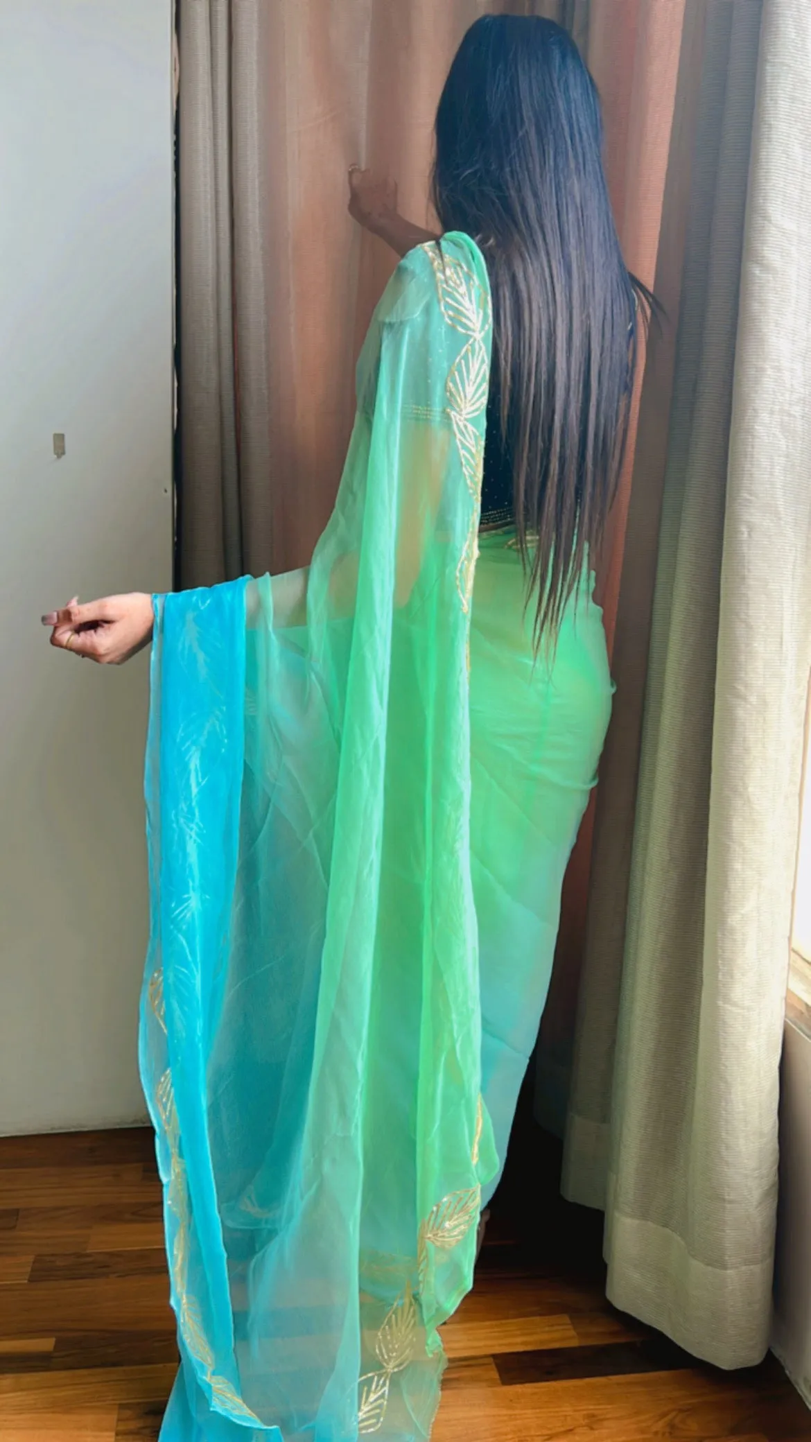 Sea Green Gota Patti Pure Chiffon Design Saree
