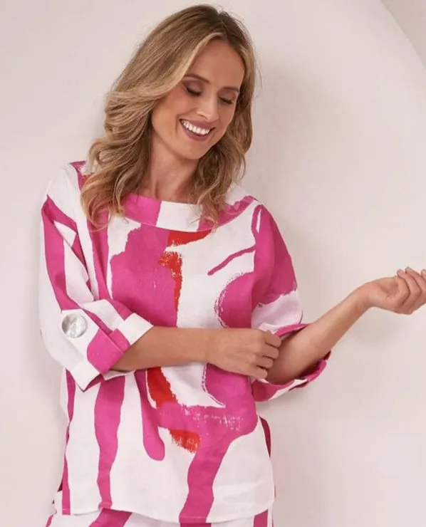 See Saw pink print linen top