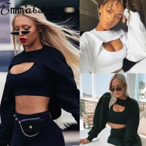 Short Sweatshirts Women Long Sleeve Black White Sweatshirt Fashion Crop Top